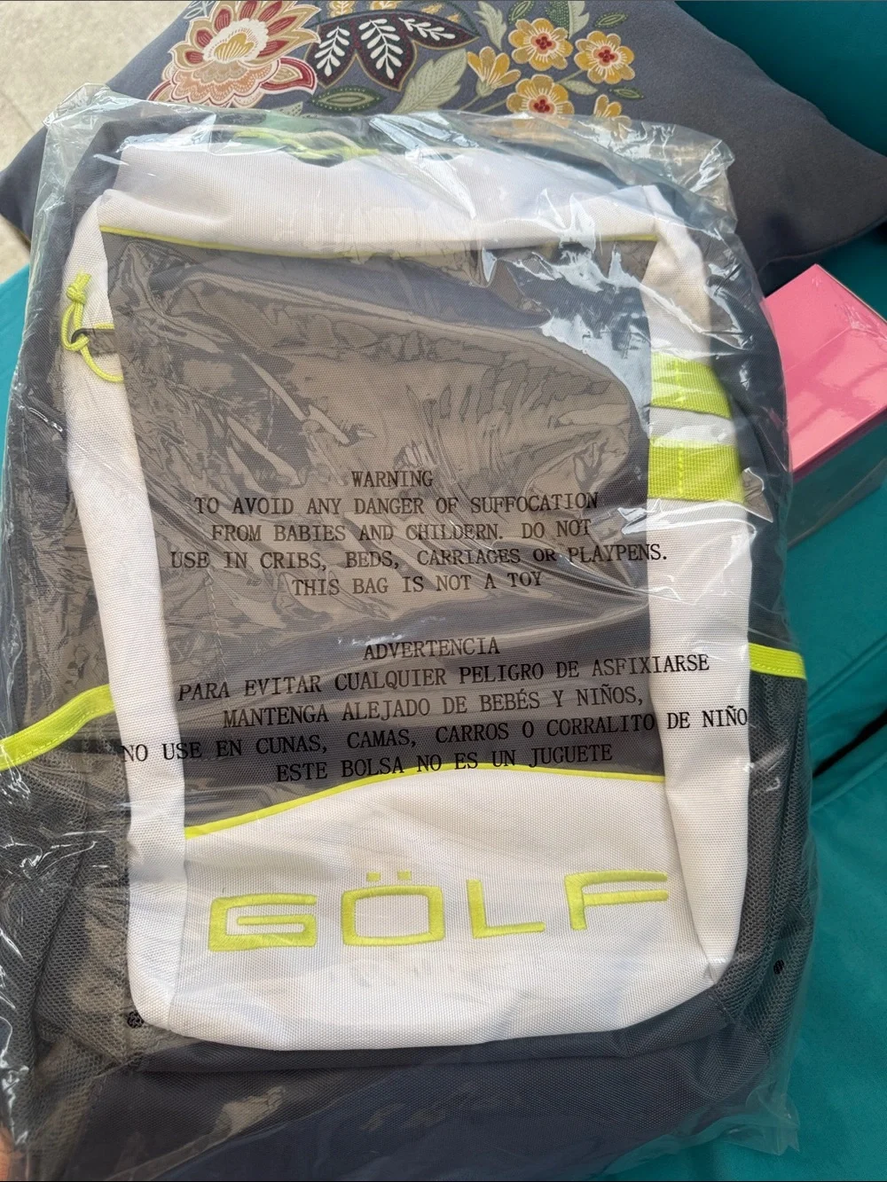 GÖLF Logo Backpack in White, Gray & Neon Yellow